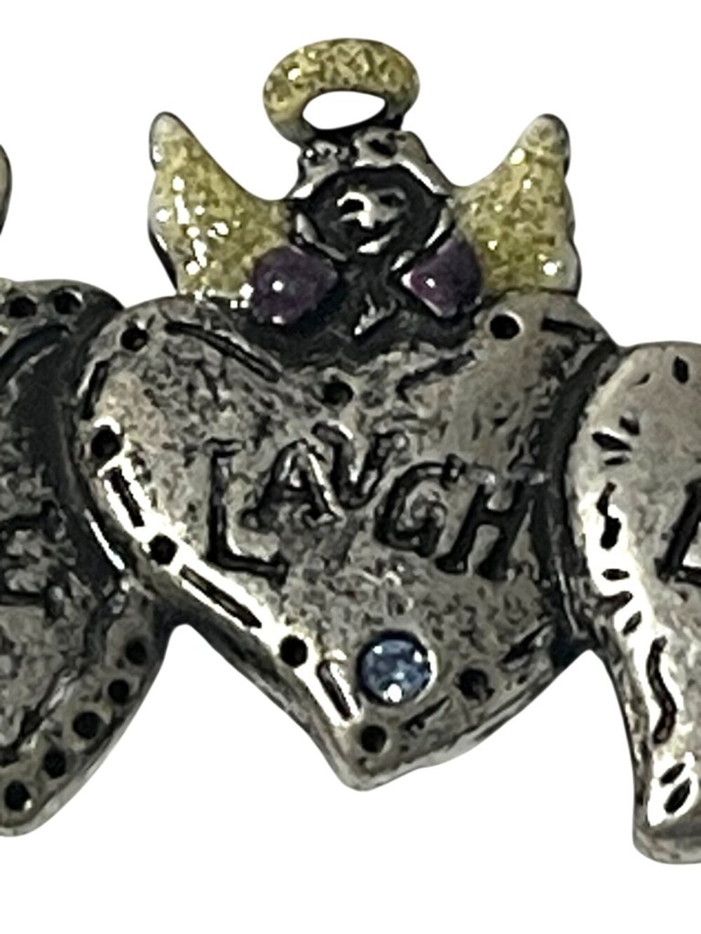 Three Angel Brooch Pin Live Laugh Love Enameled Glitter Wings & Halo Rhinestones - Picture 6 of 12